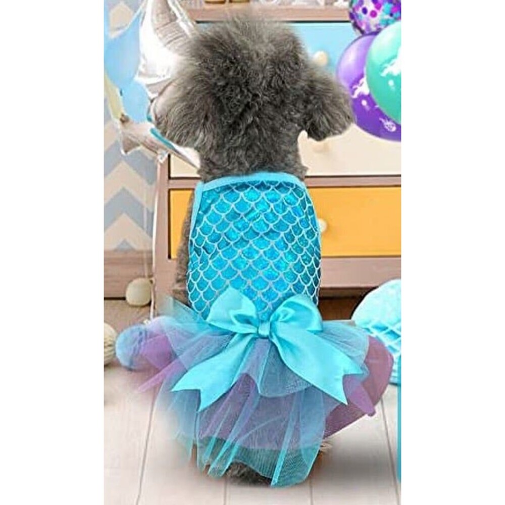 Cyeollo Small Dog apparel Dress Sparkly blue Mermaid Costume Slip tulle Skirt